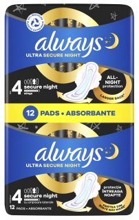 ALWAYS Ultra Secure Night higiēniskās paketes, 12 gab.