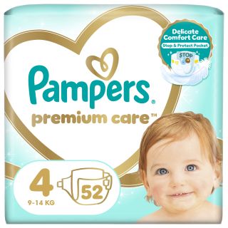 PAMPERS Premium Care 4 Maxi 9 - 14 kg autiņbiksītes, 52 gab.