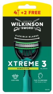 WILKINSON SWORD Xtreme 3 Sensitive Men's (4+2) vienreizlietojamie skuvekļi, 6 gab.