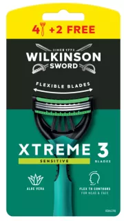 WILKINSON SWORD Xtreme 3 Sensitive Men's (4+2) vienreizlietojamie skuvekļi, 6 gab.