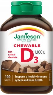 JAMIESON Vitamin D 1000 IU (25 µg) Chocolat košļājamās tabletes, 100 gab.