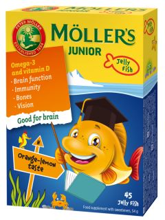 MOLLERS JUNIOR (apelsīnu-citronu garša) želejas zivtiņas, 45 gab.