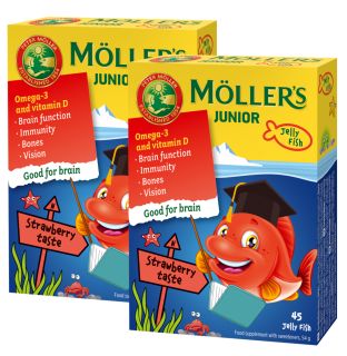 MOLLERS JUNIOR (zemeņu garša) (1+1) želejas zivtiņas, 45 gab.