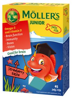 MOLLERS JUNIOR (zemeņu garša) želejas zivtiņas, 45 gab.