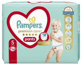 PAMPERS Premium Care 5 (12-17 kg) autiņbiksītes, 34 gab.